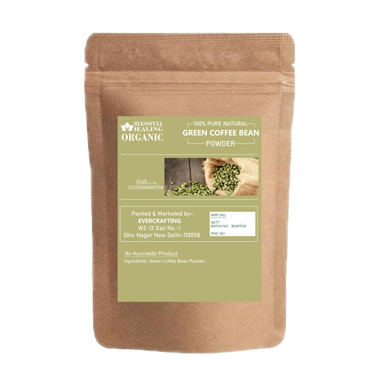 Blessfull Healing green coffee bean powder with a scoop; convenient measuring for quick shakes.