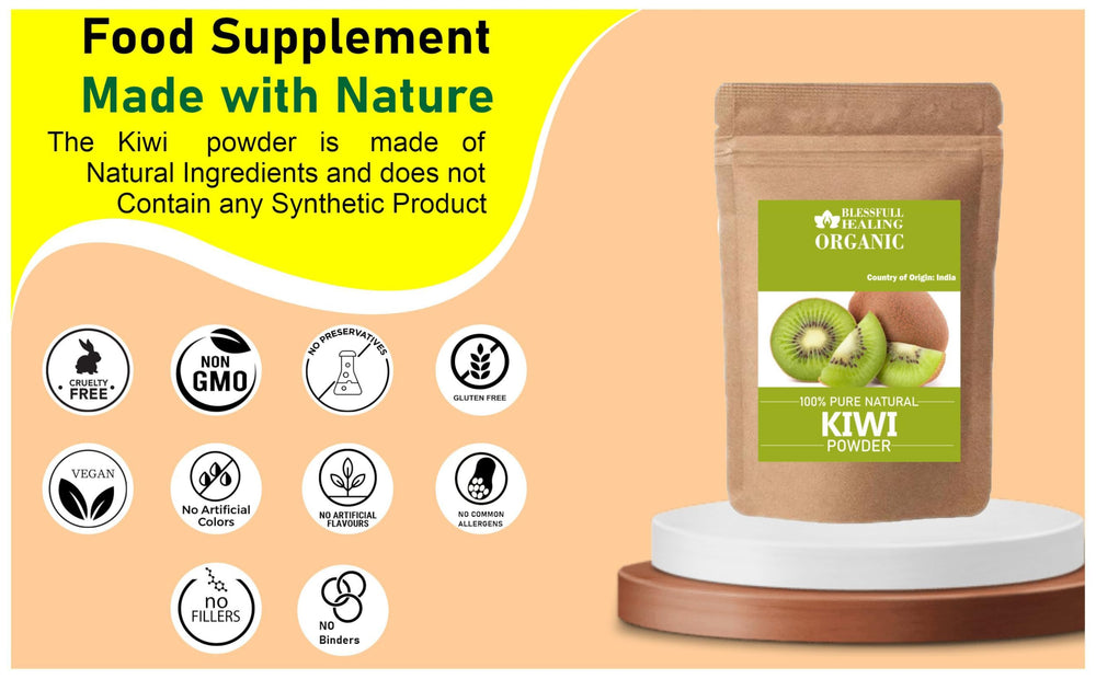 Blessfull Healing kiwi powder jar label highlighting organic ingredients