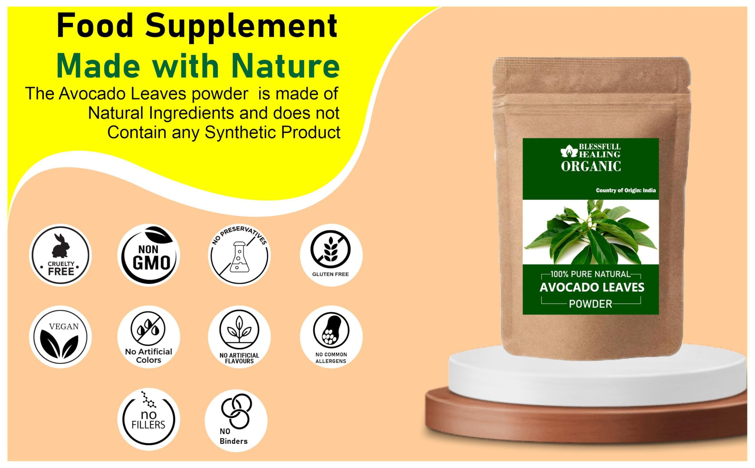 Blessfull Healing organic avocado leaves powder in a bowl, ready for teas.
