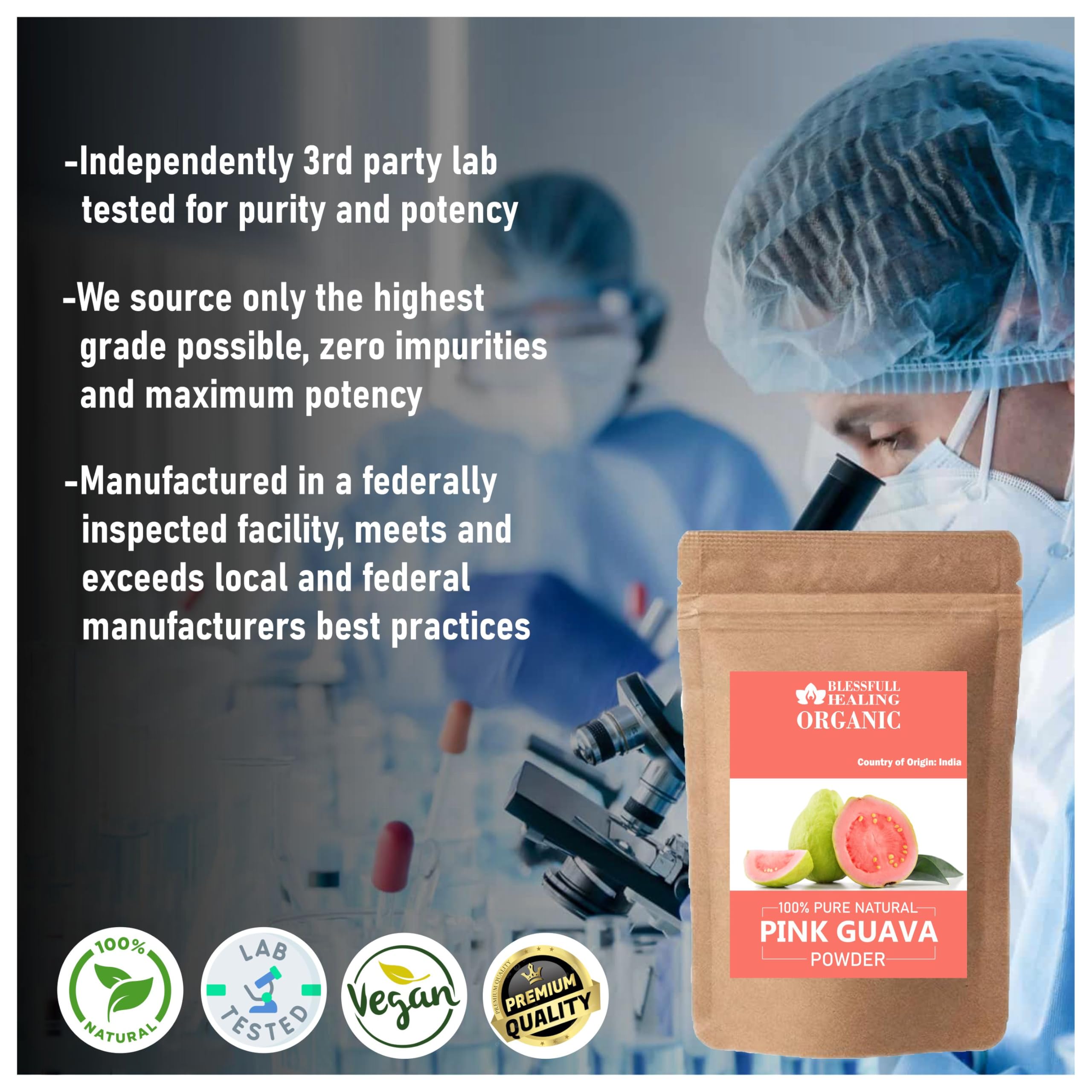Blessfull Healing pink guava powder with spoon demonstrates easy portioning and usage.