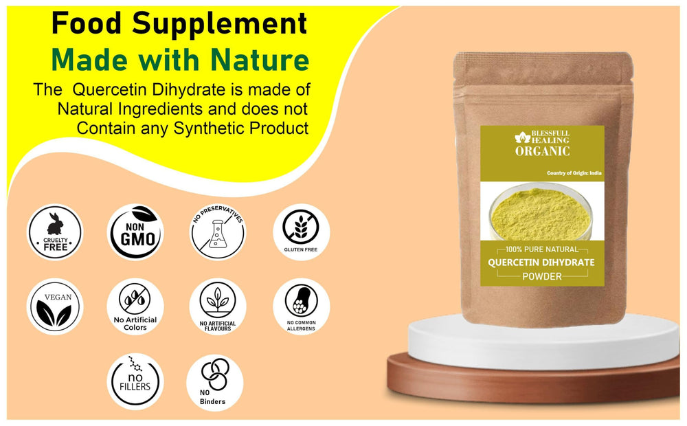 Blessfull Healing quercetin dihydrate powder bottle close-up natural color visible.