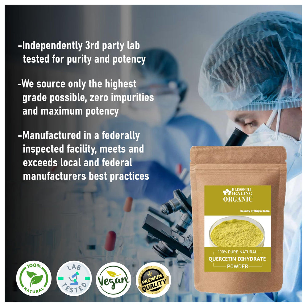Close-up of Blessfull Healing Quercetin Dihydrate powder texture for quality