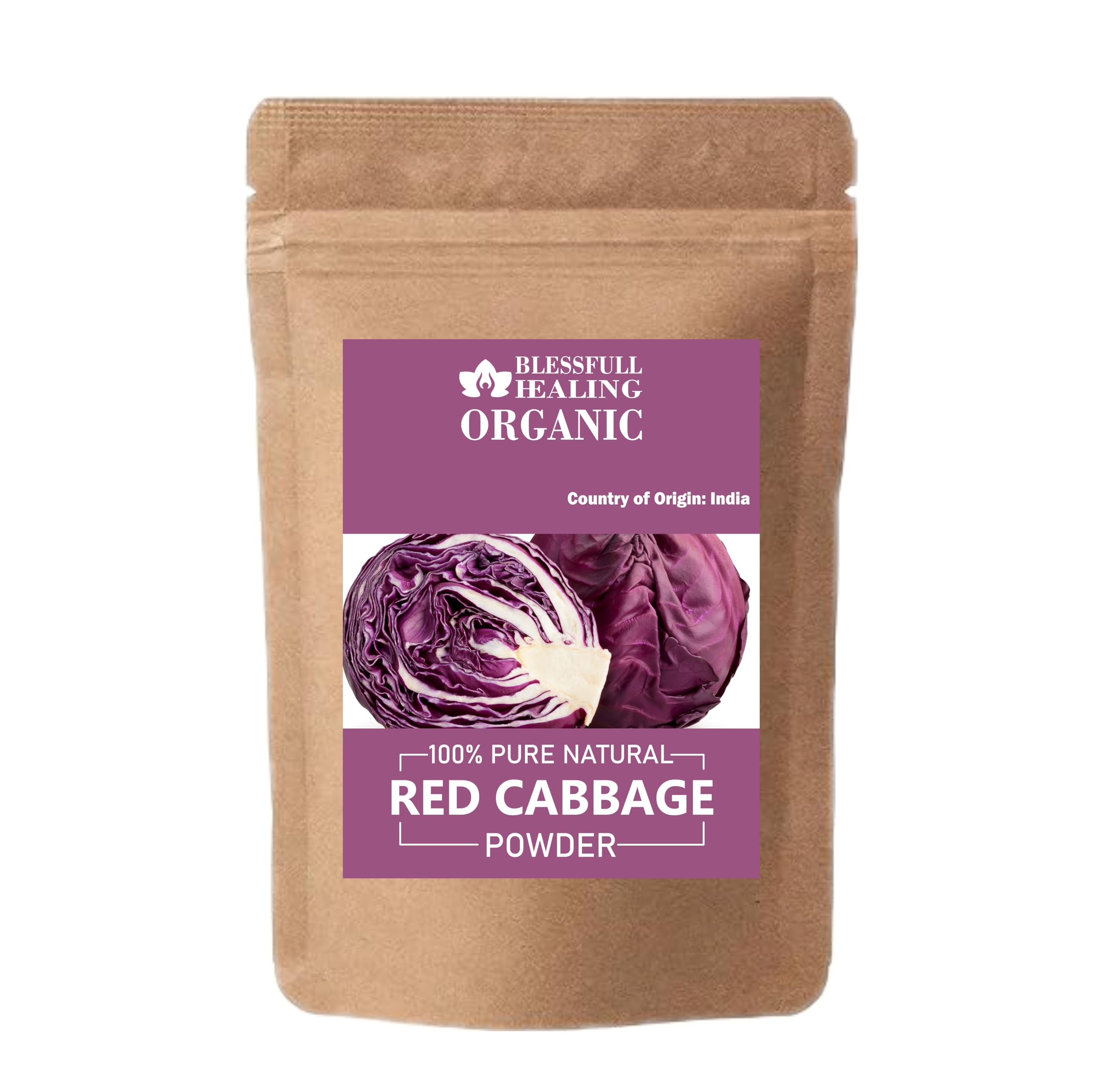 Blessfull Healing red cabbage powder in a jar adds vibrant color to recipes.