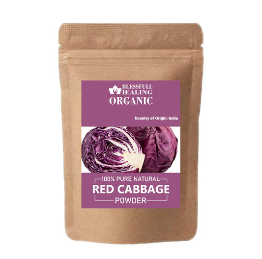 Blessfull Healing red cabbage powder in a jar adds vibrant color to recipes.