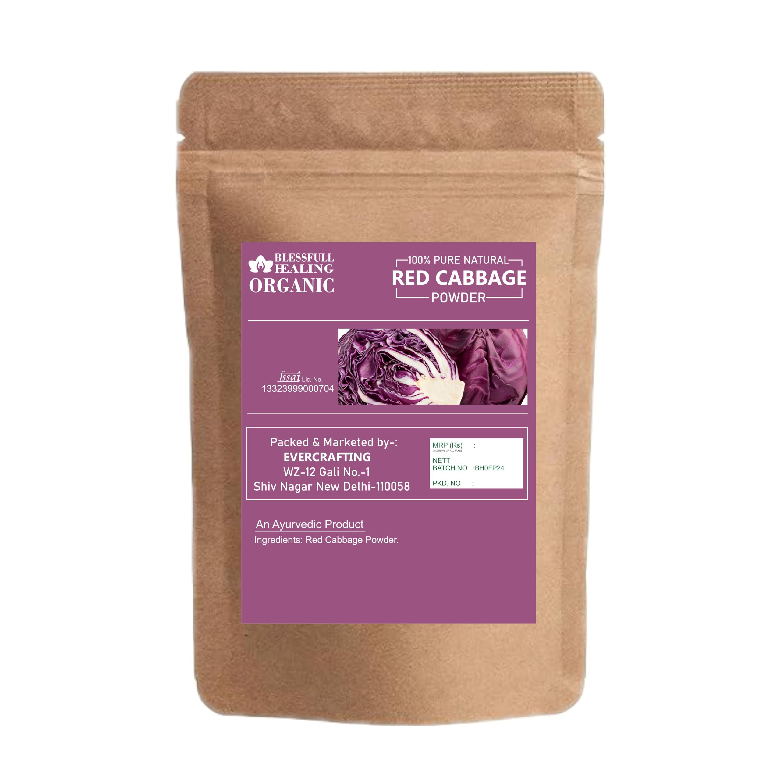 Blessfull Healing red cabbage powder packaging ready to sprinkle in sauces and dressings.