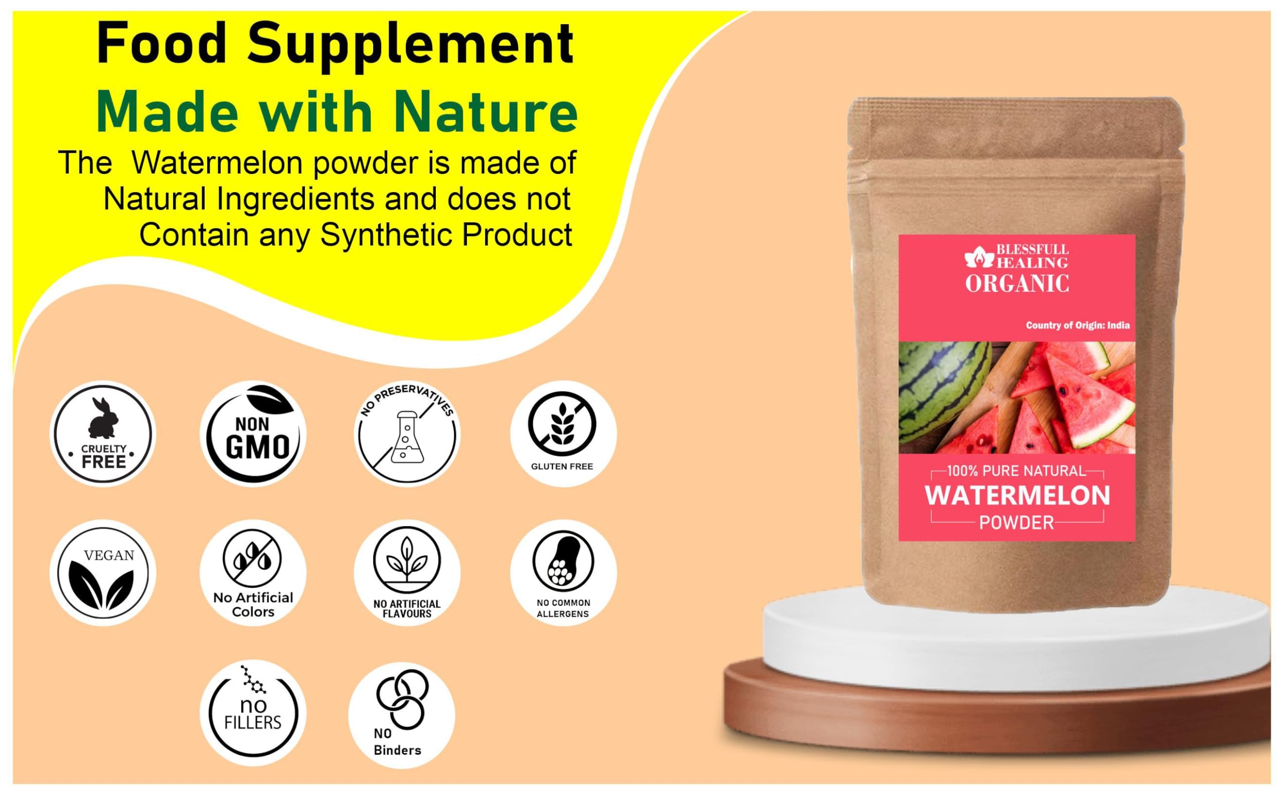 Blessfull Healing Watermelon Powder bottle label highlighting 100% natural watermelon.