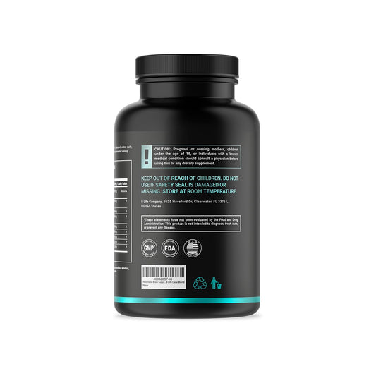 B Life Company Lion’s Mane capsules bottle back shows supplement facts