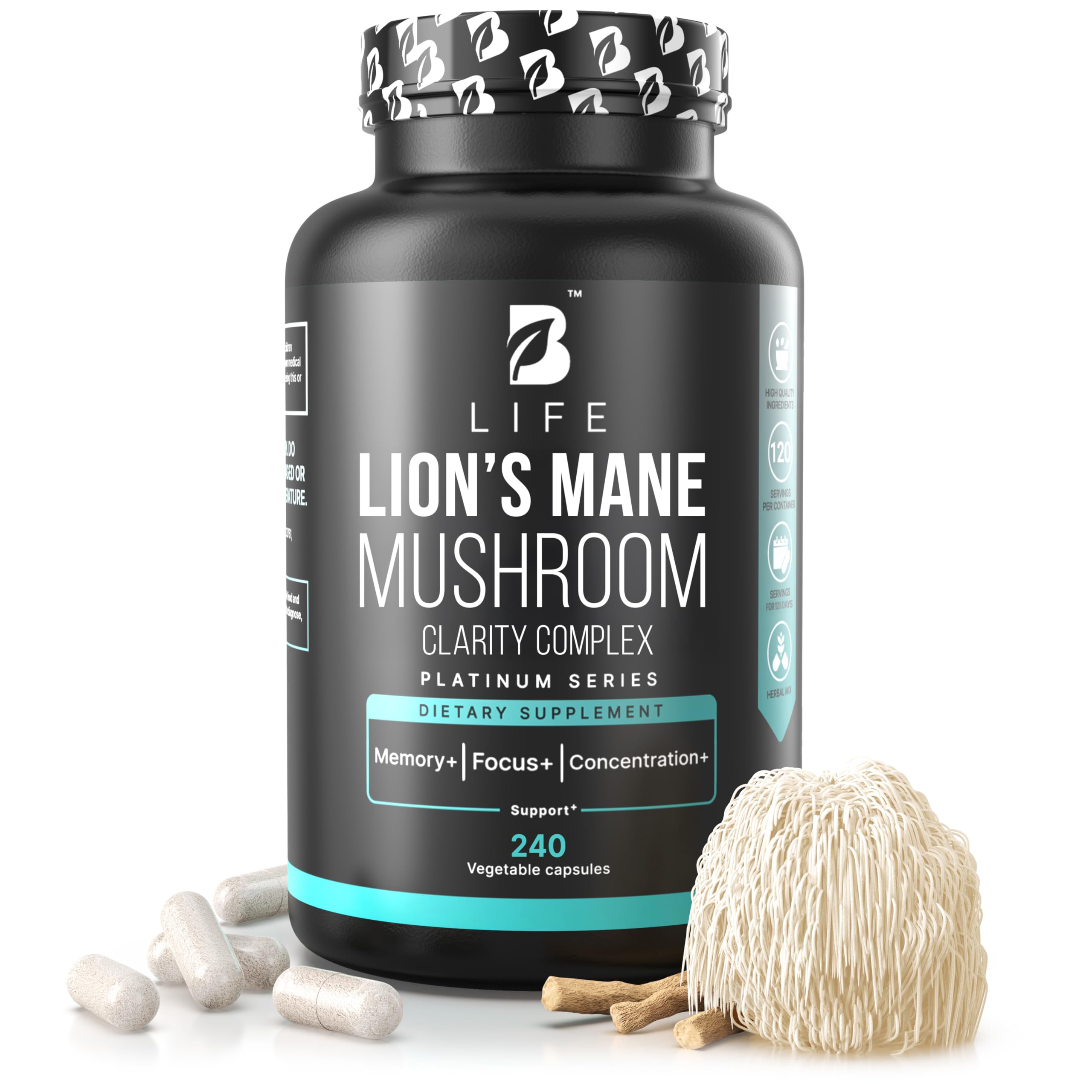 B Life Company Lion’s Mane capsules bottle front highlights focus support