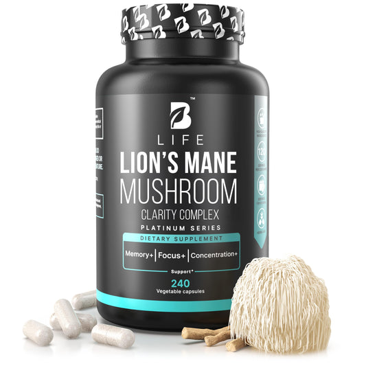 B Life Company Lion’s Mane capsules bottle front highlights focus support
