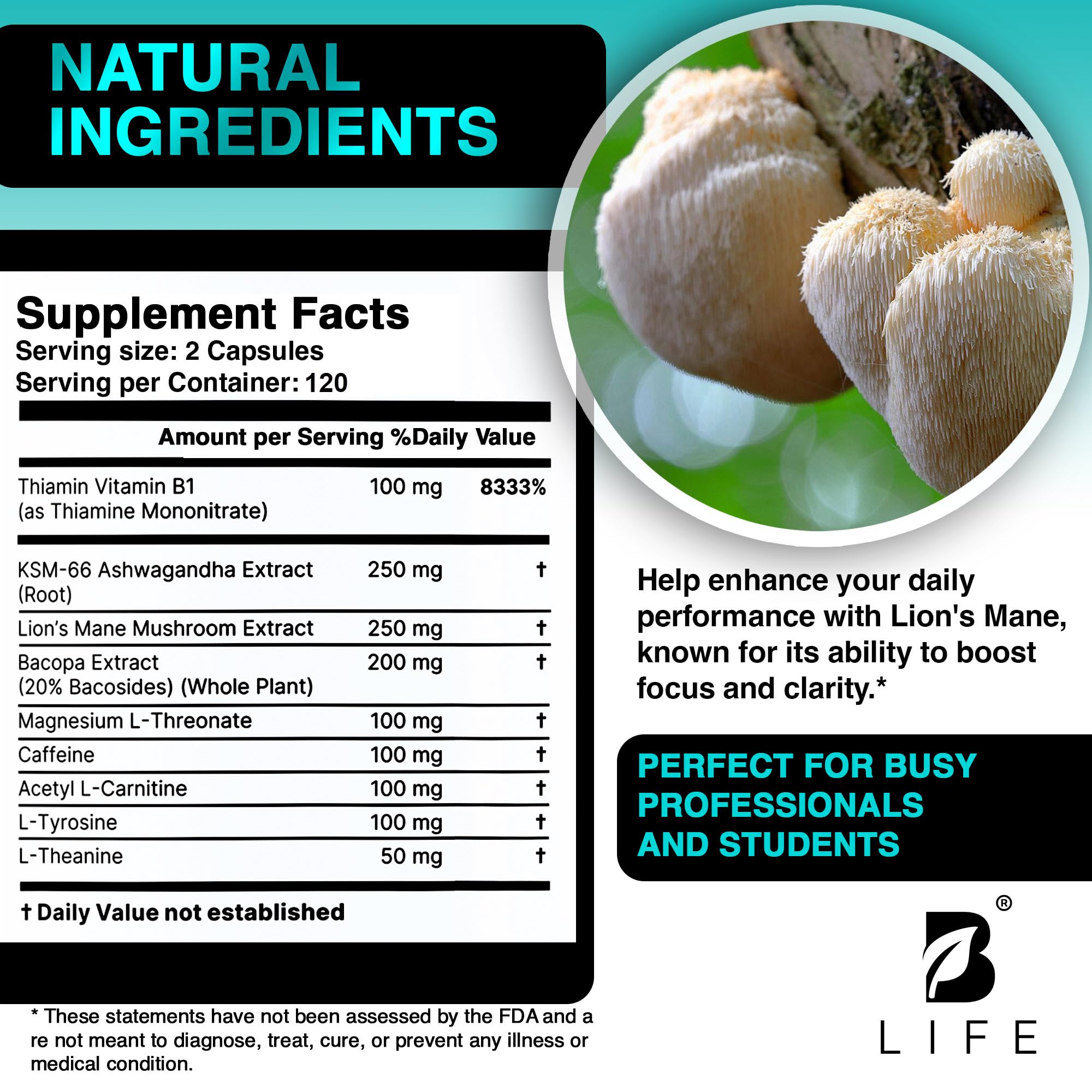 B Life Company Lion’s Mane blend with ashwagandha and magnesium notes
