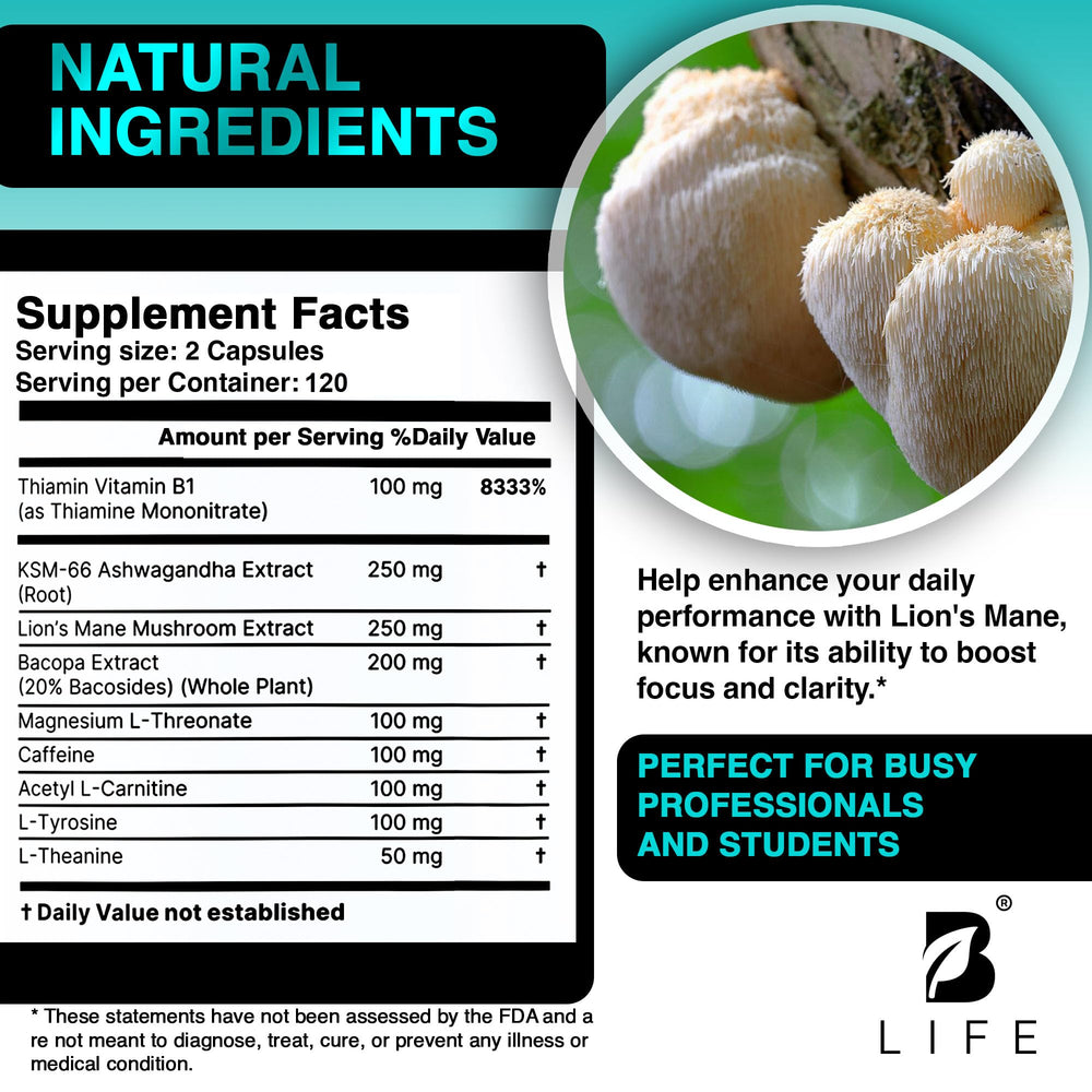 B Life Company Lion’s Mane blend with ashwagandha and magnesium notes