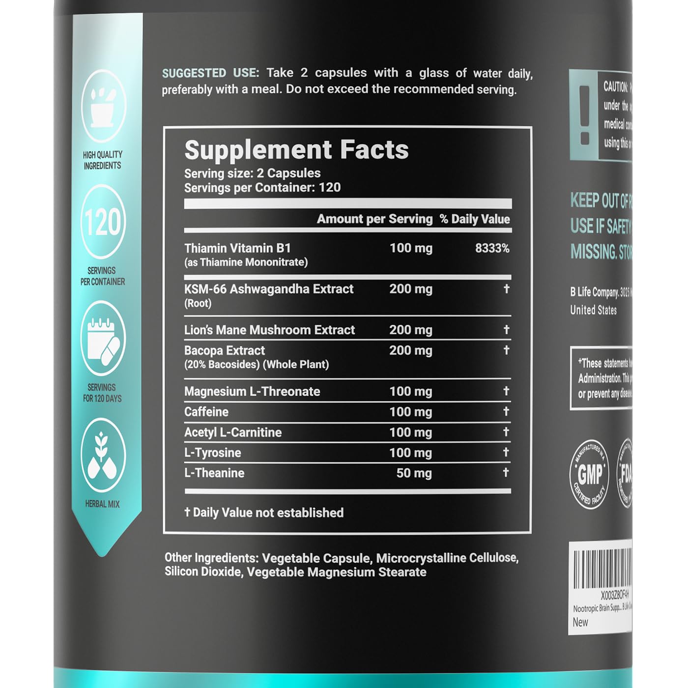 B Life Company Lion’s Mane label close-up notes vegan and non-GMO