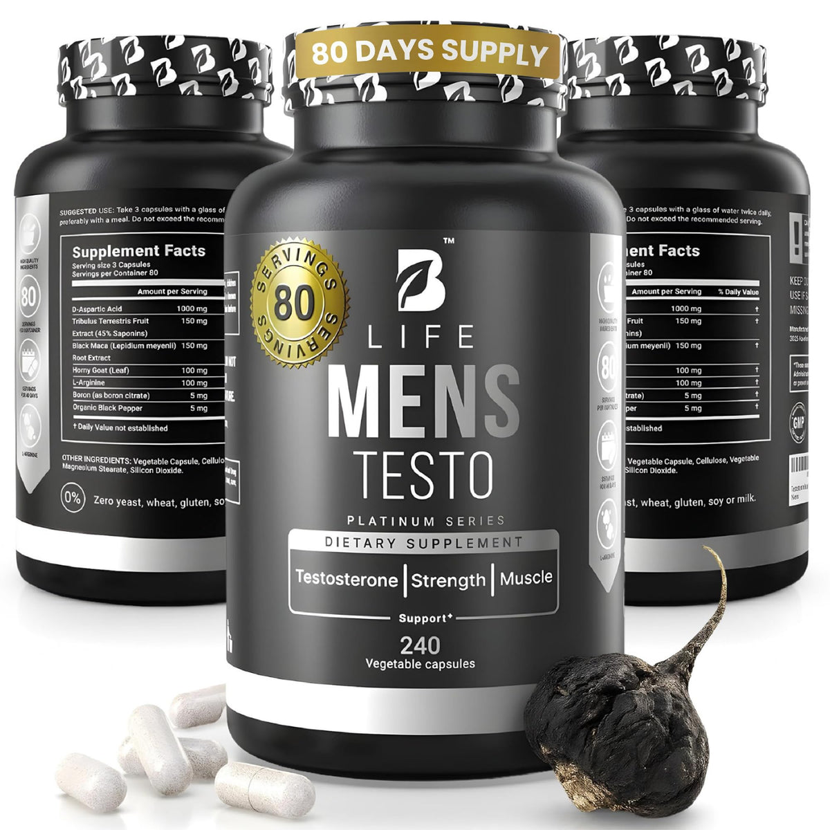 B Life Men’s Testo bottle pour showing daily energy support for workouts