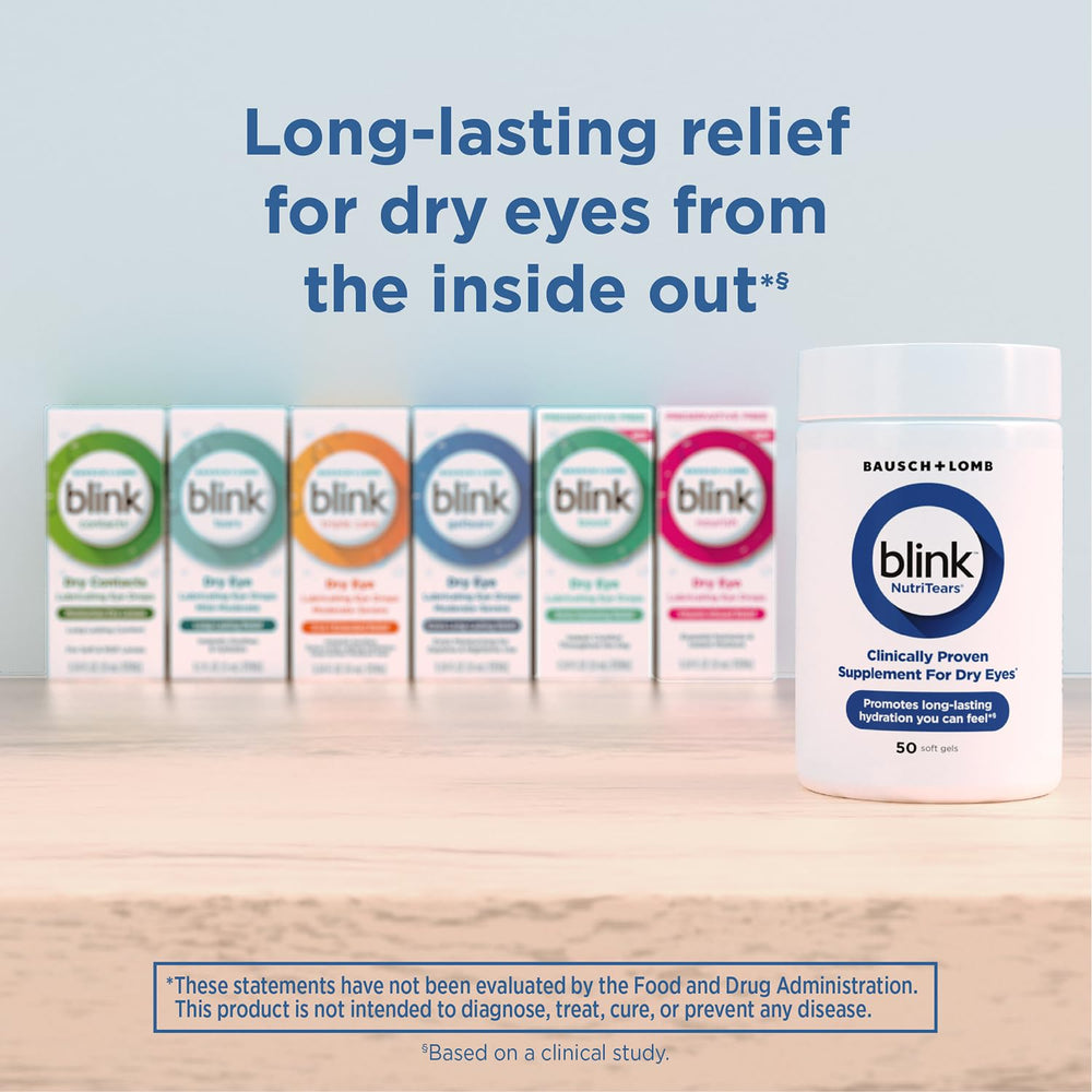 Softgels on a white background for easy dosing from Blink NutriTears.