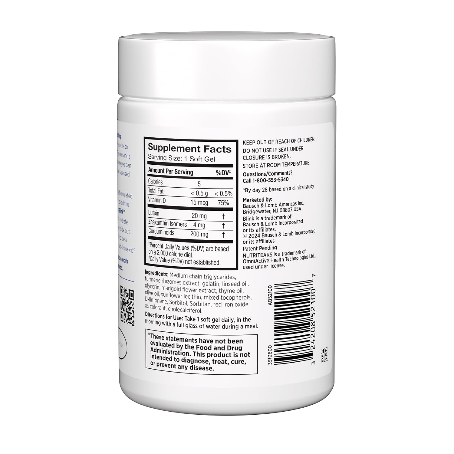 Graphic showing Blink NutriTears ingredients including vitamin D and curcumin.
