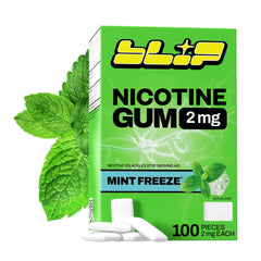 Blip NRT nicotine gum packaging shows mint-freeze flavor for cravings support.