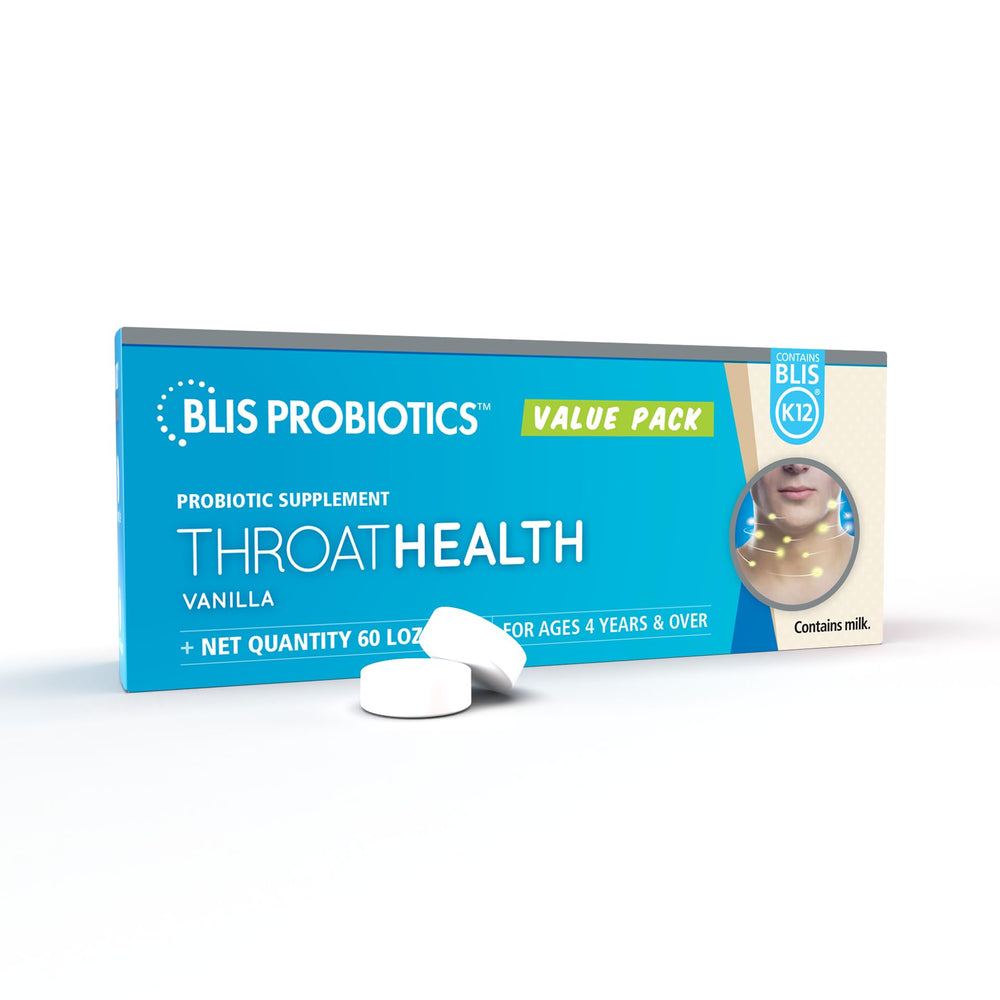 BLIS ThroatHealth bottle with vanilla lozenges for throat care.