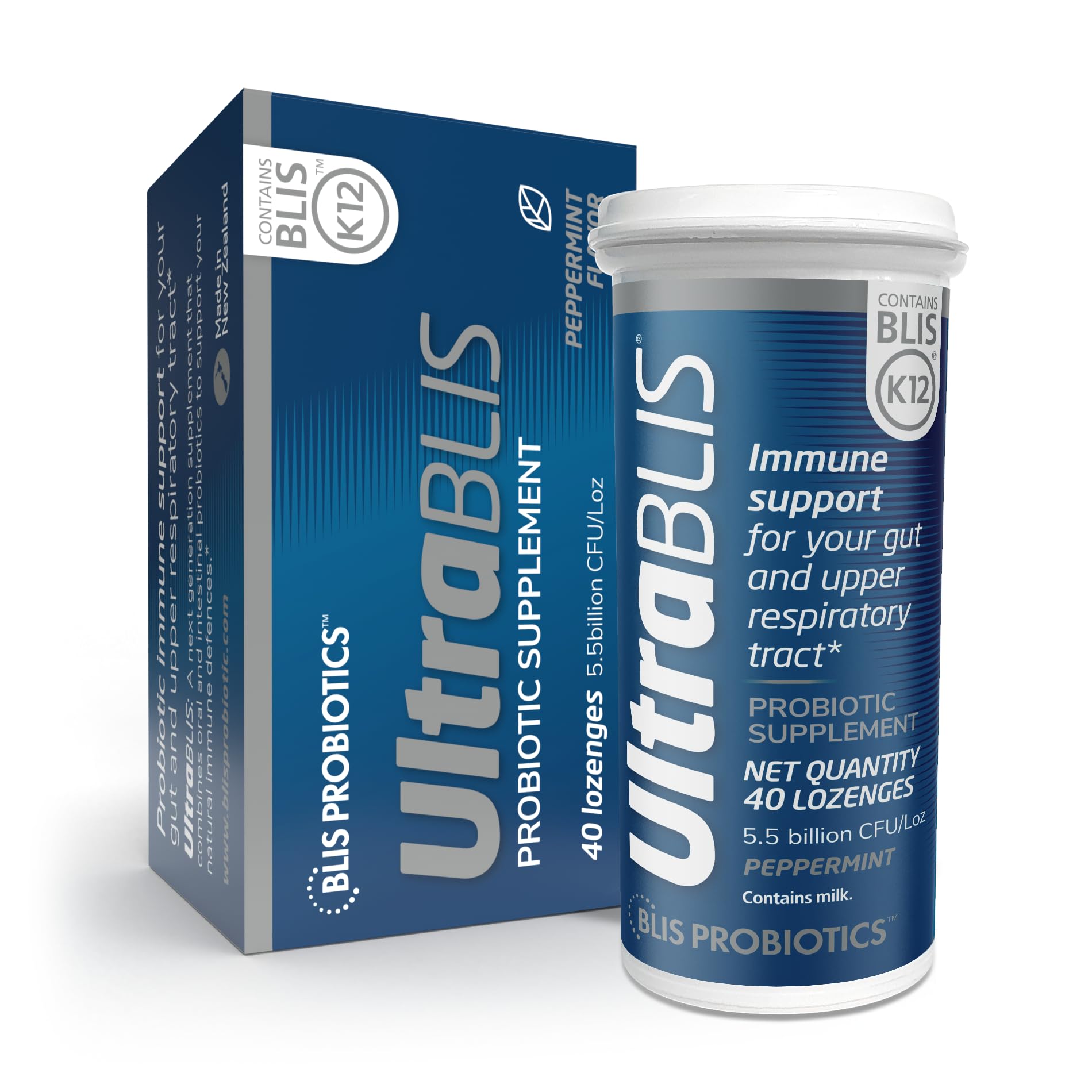BLIS UltraBLIS probiotic lozenges packaging promoting daily immune and gut balance.