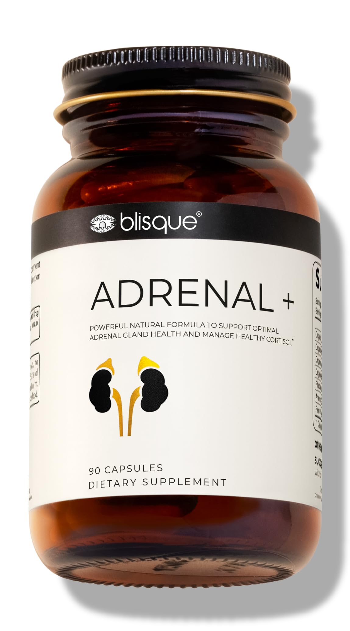 Blisque Adrenal+ bottle close-up showing vegan, non-GMO adrenal support.