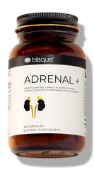 Blisque Adrenal+ bottle close-up showing vegan, non-GMO adrenal support.