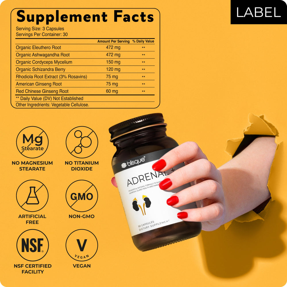 Blisque Adrenal+ bottle on wooden surface with sunlight.