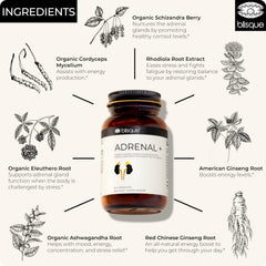 Blisque Adrenal+ label detail emphasizing natural, certified organic ingredients.