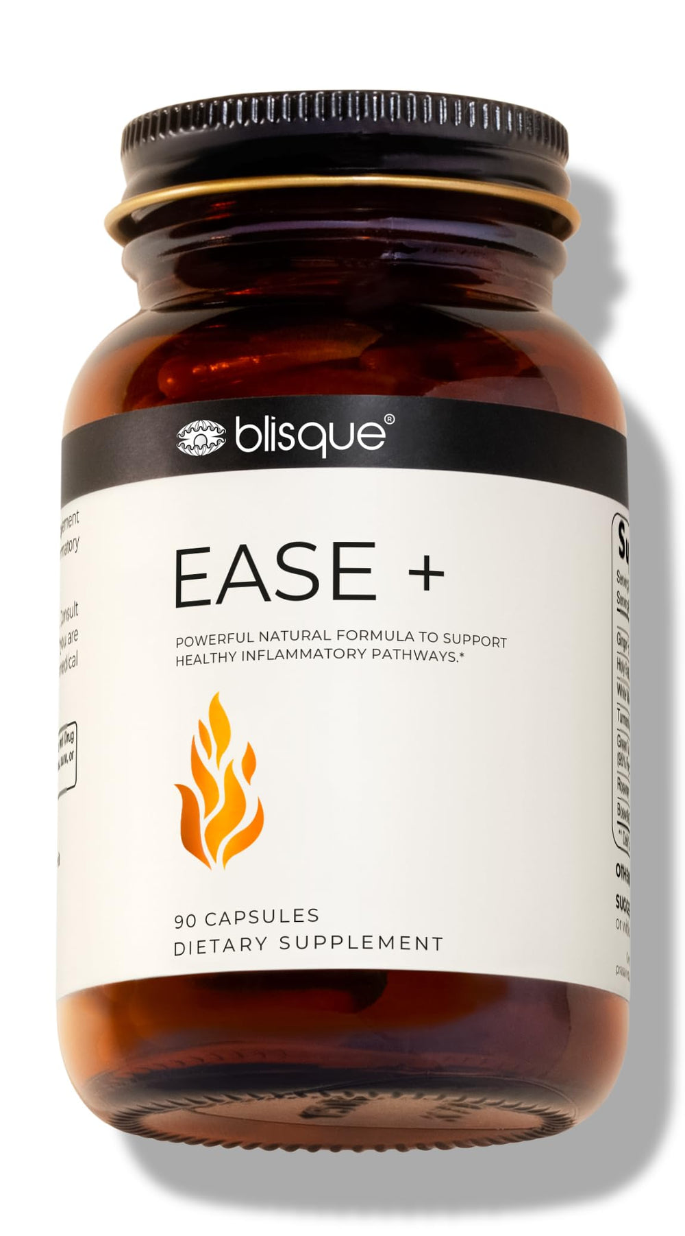 Blisque EASE + bottle cap showing daily wellness vegan formula