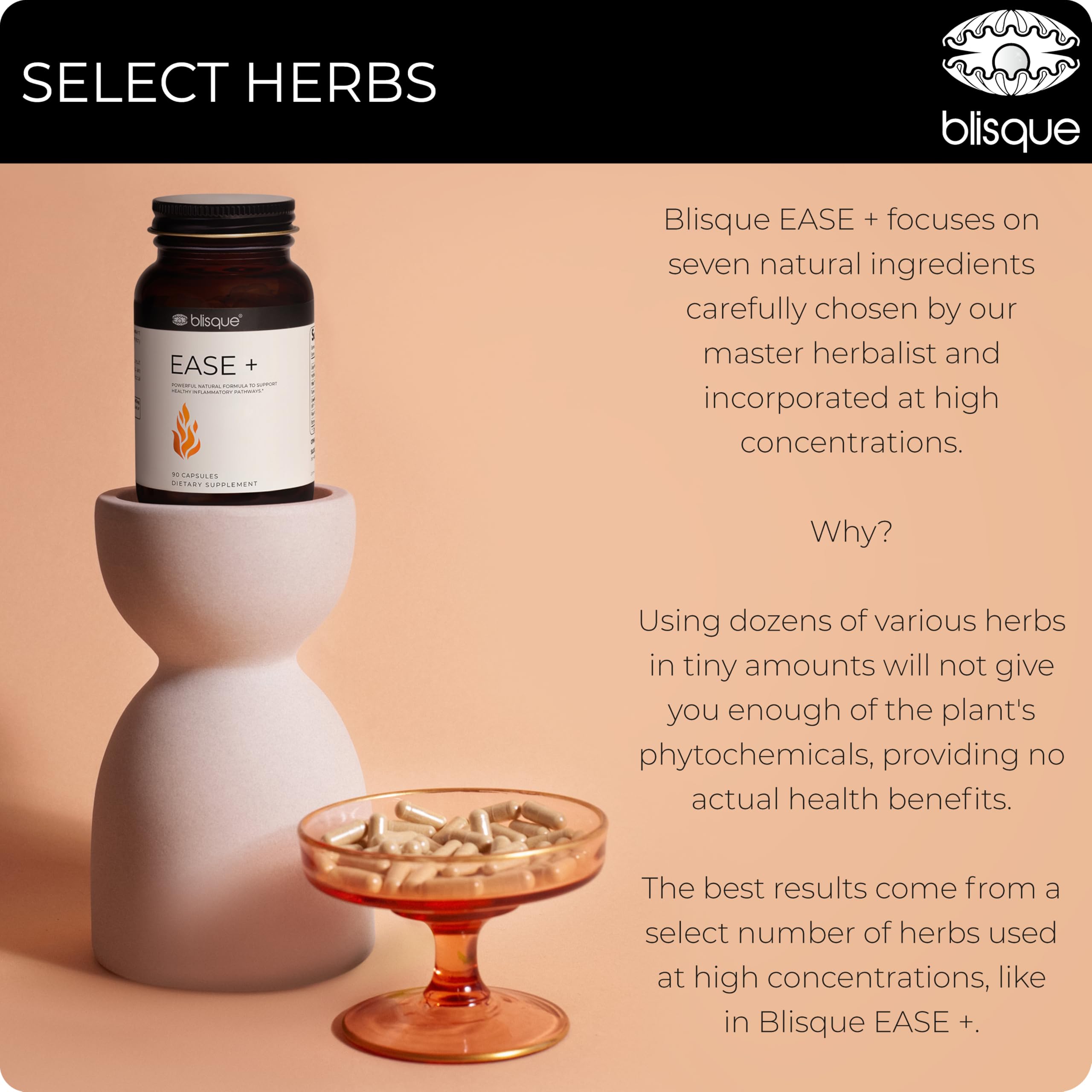 Blisque EASE + vegan capsules with label demonstrating vegan formula