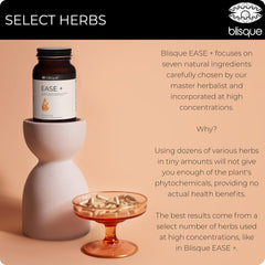 Blisque EASE + vegan capsules with label demonstrating vegan formula