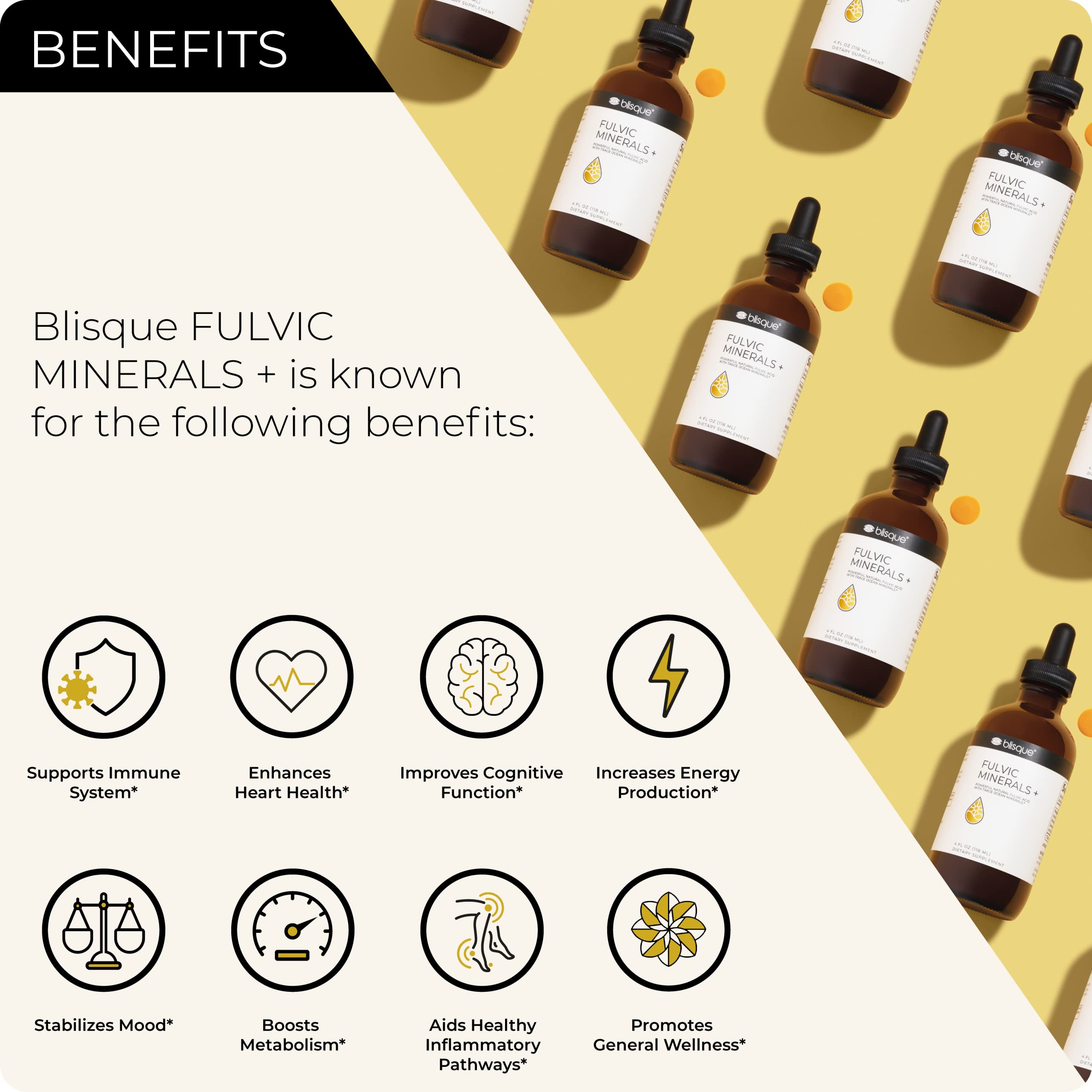 Blisque Fulvic Minerals dropper dispensing shows easy dosing for steady electrolyte balance.