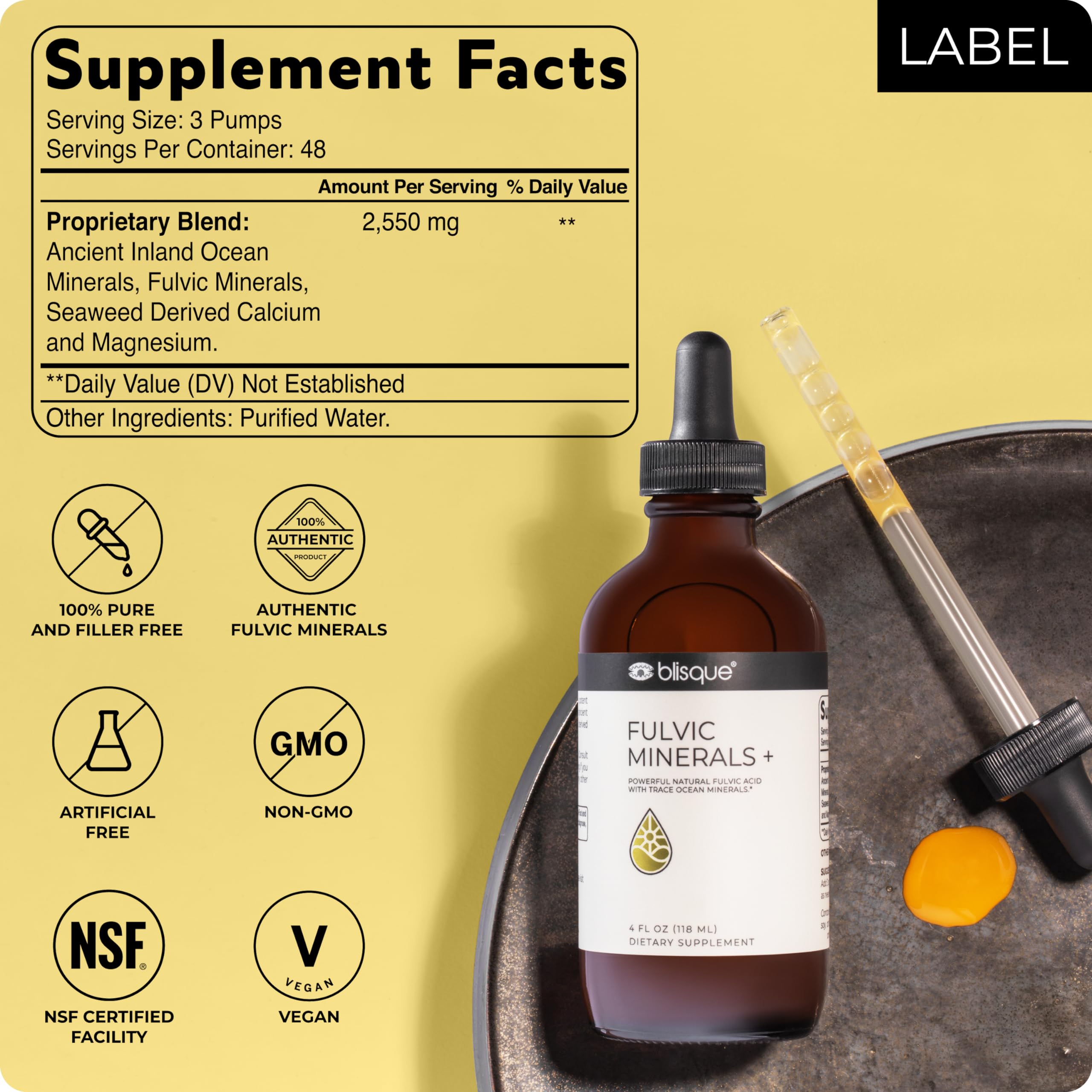 Blisque Fulvic Minerals glass of water showcases alkaline hydration potential.