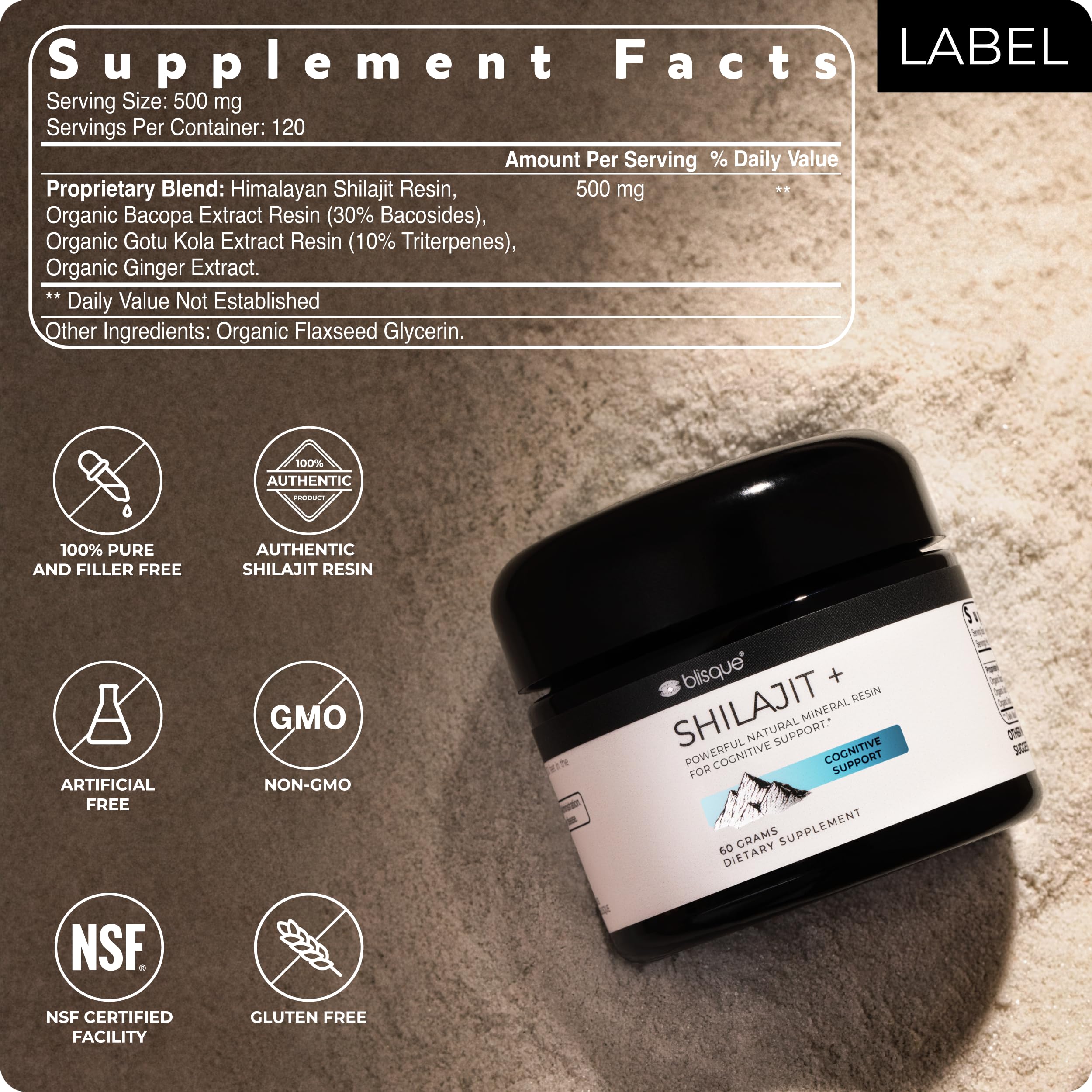 Blisque Ginger extract hints at added flavor and potential antioxidant support.