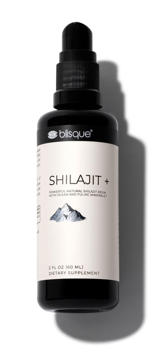 Blisque Himalayan Shilajit resin bottle pour showing mineral-rich energy support.