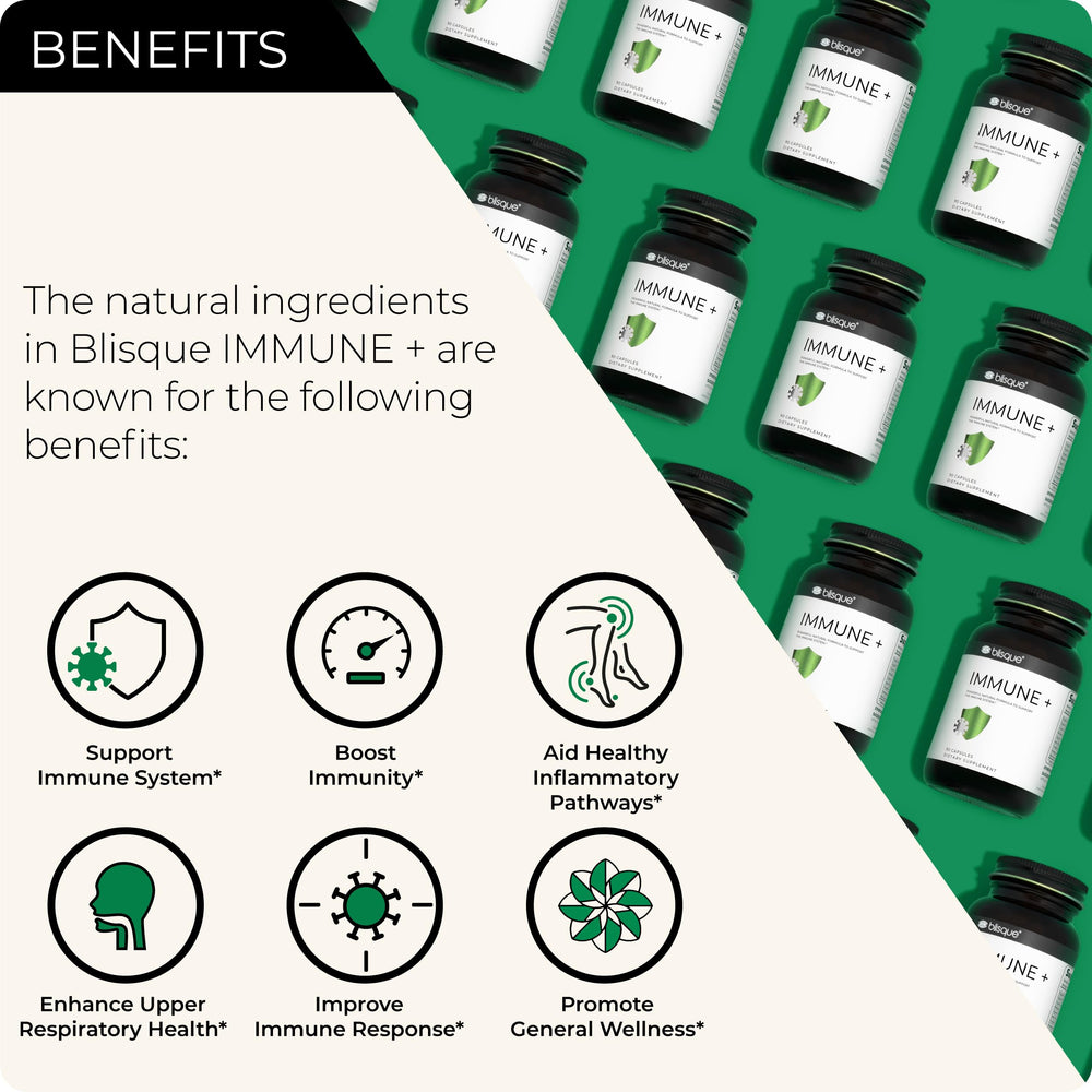 Blisque Immune capsules close-up showing vegan, clean formula
