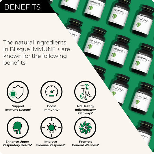 Blisque Immune capsules close-up showing vegan, clean formula