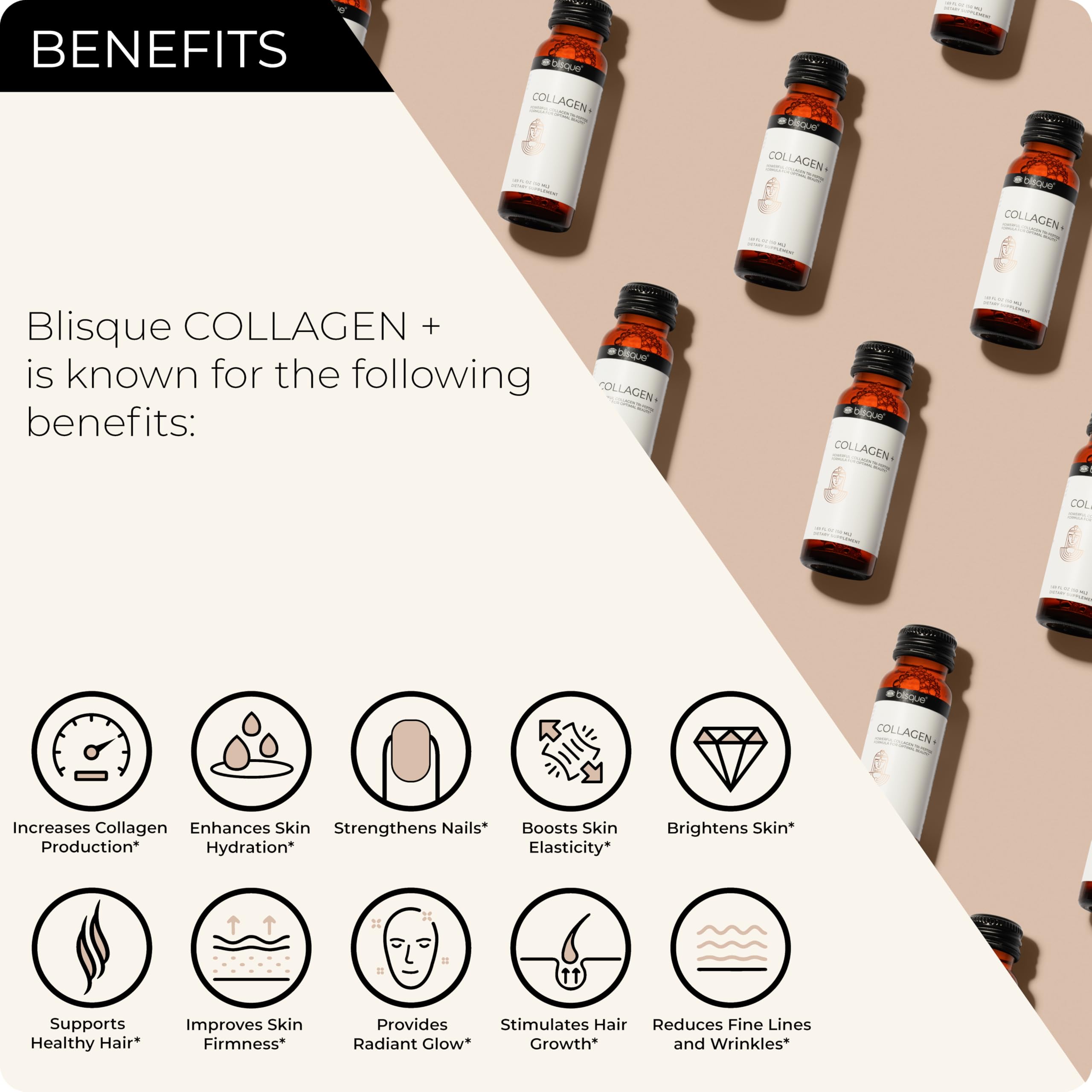 Blisque bottle side label highlights biotin and hyaluronic acid.