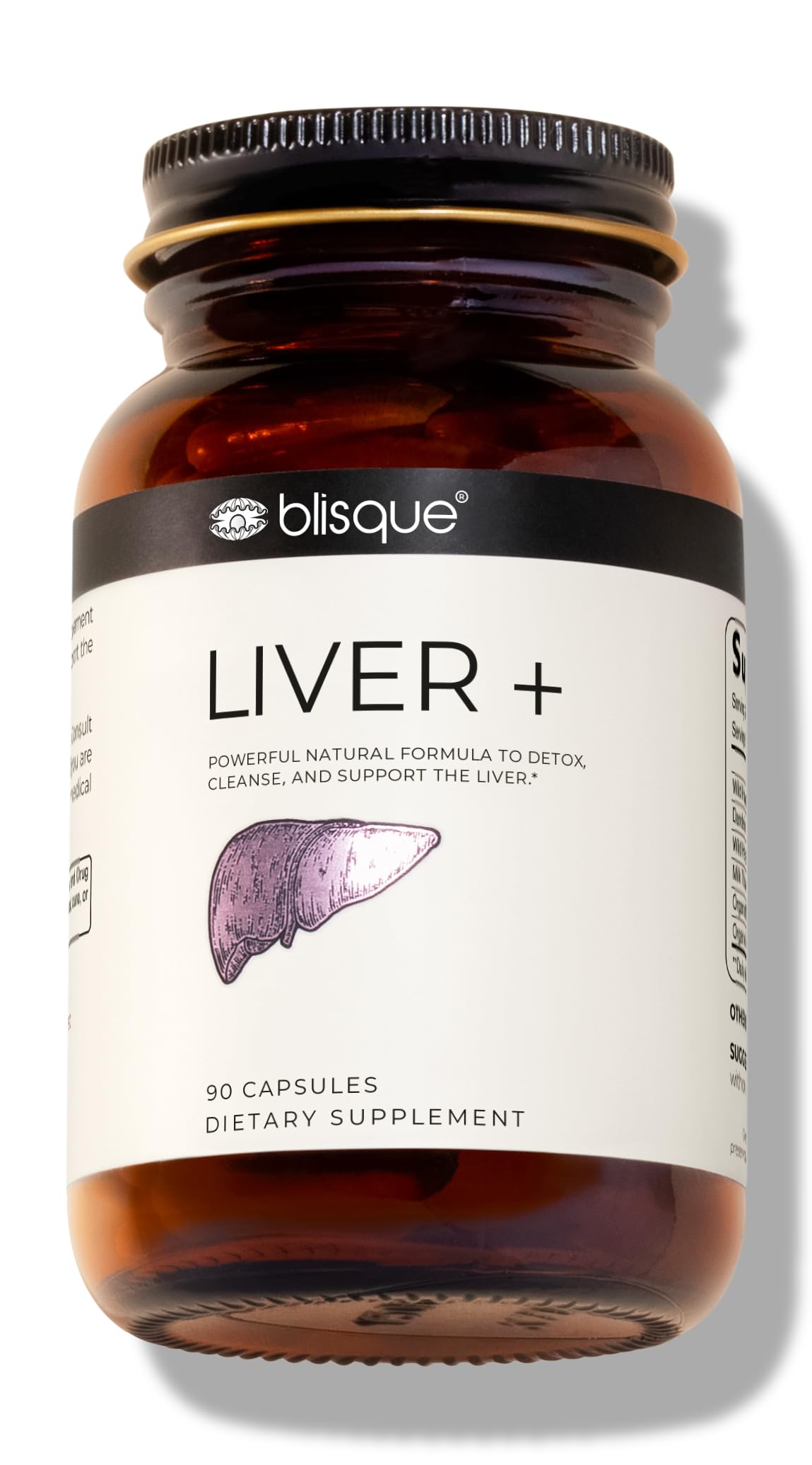 Blisque LIVER+ bottle front view for daily detox support.
