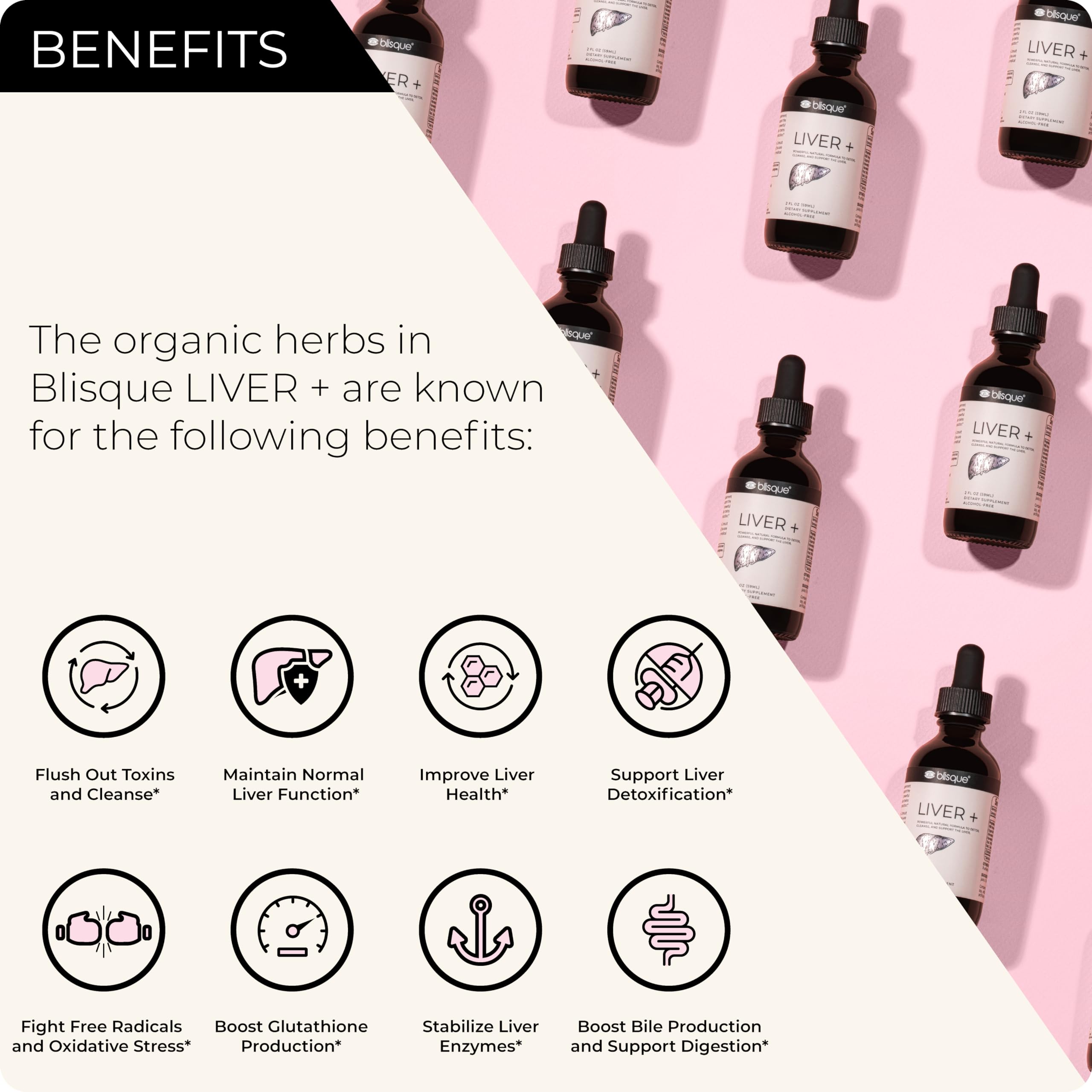 Blisque LIVER+ bottle pour, easy detox and maintenance.