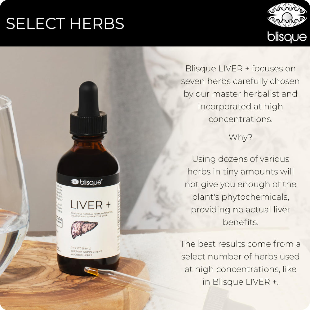 Blisque LIVER+ label detail, emphasizes organic ingredients and quality standards.