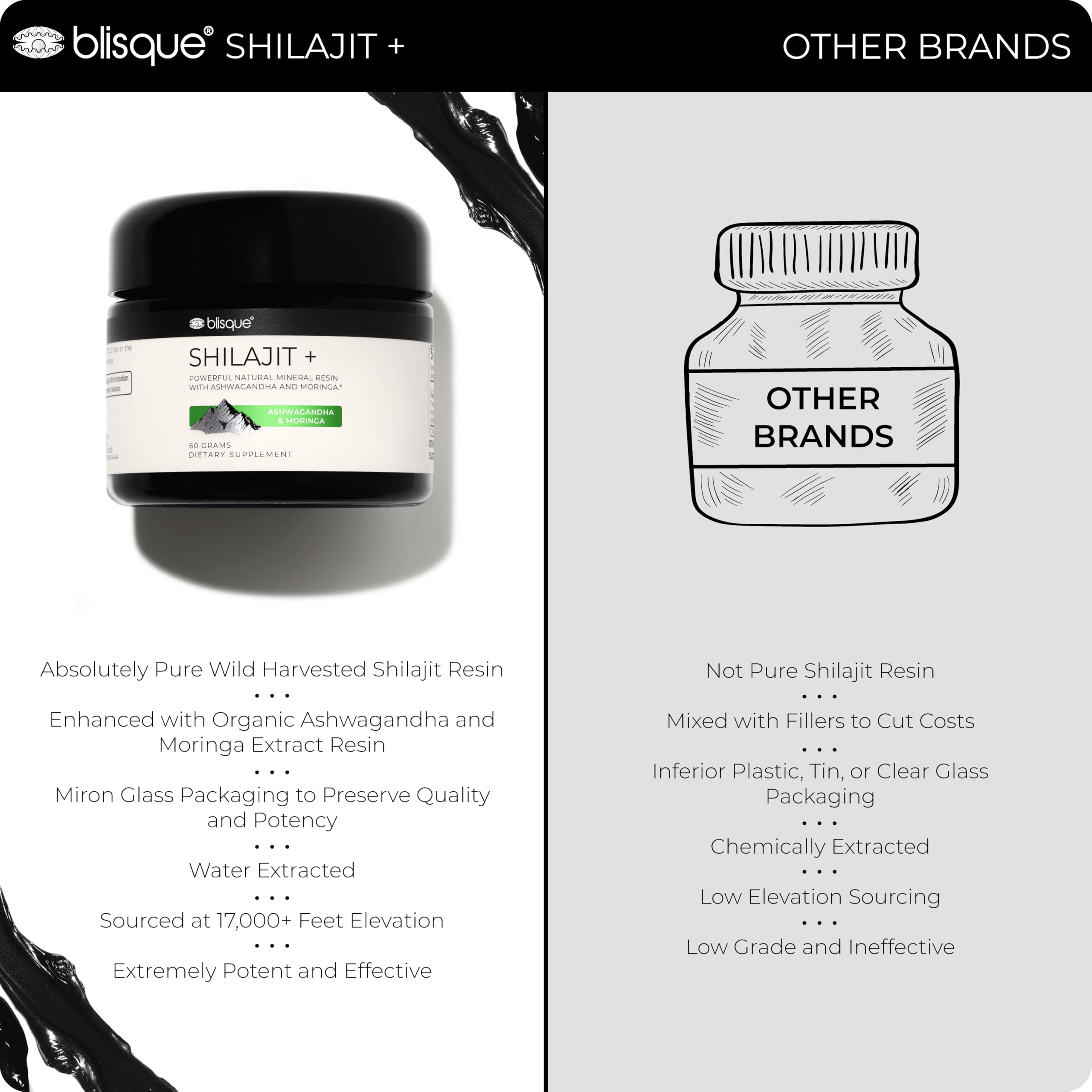 Blisque moringa leaves highlight nutrient-rich supplement blend.