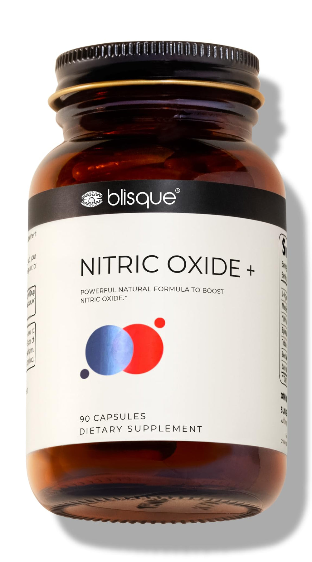 Blisque natural nitric oxide bottle front shows focus on blood flow support for workouts.