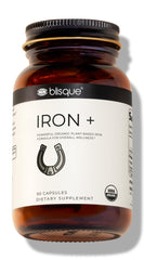 Blisque organic iron bottle showing plant-based curry leaf iron for energy support