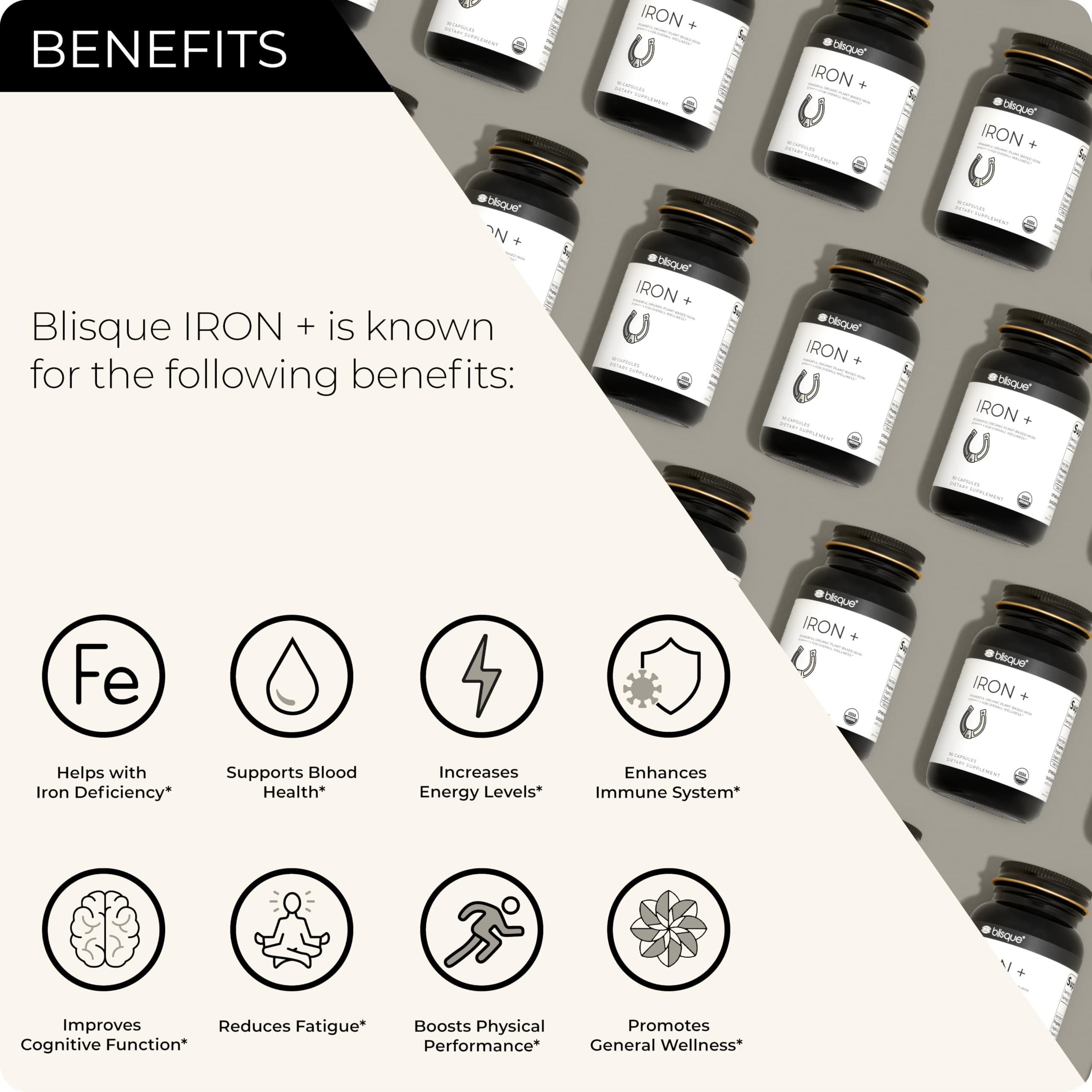 Blisque organic iron capsules closeup highlighting curry leaf source and absorption