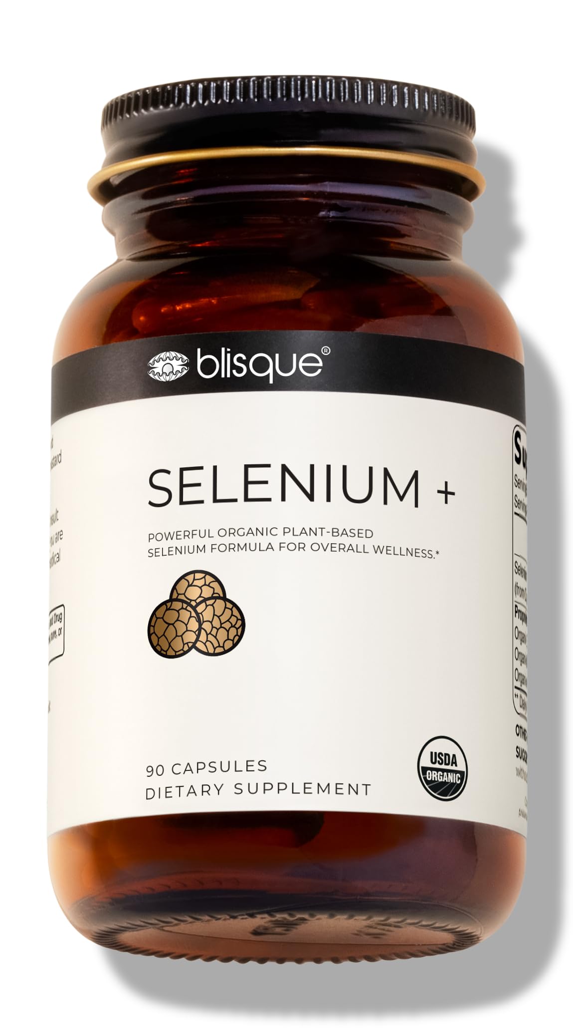Blisque organic selenium bottle on shelf suggests daily use with mustard seed source.