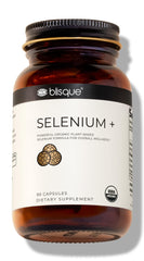 Blisque organic selenium bottle on shelf suggests daily use with mustard seed source.