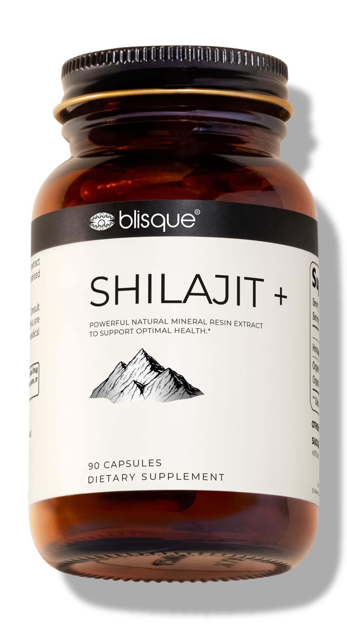 Blisque Shilajit capsules bottle front for daily energy and focus.