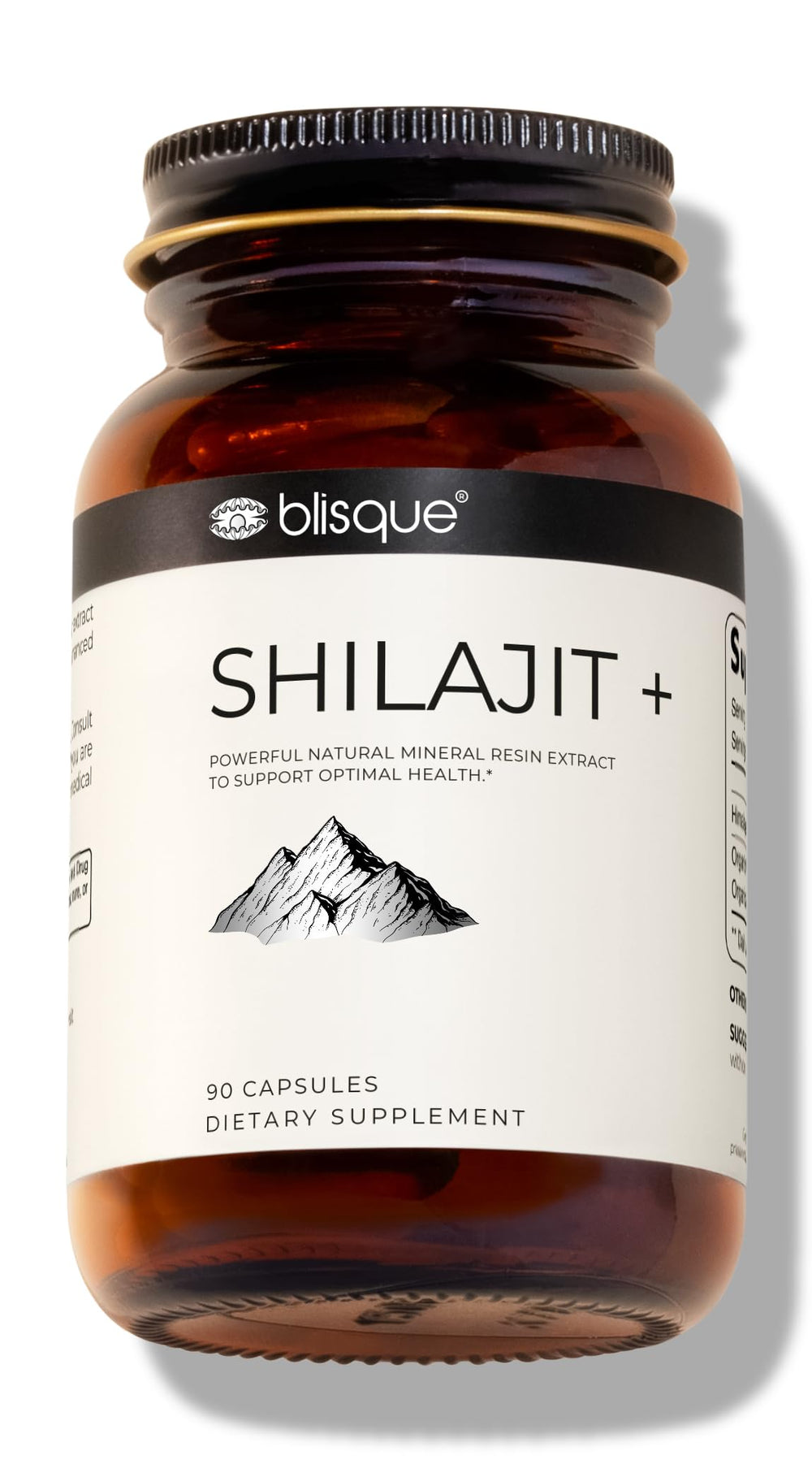 Blisque Shilajit capsules bottle front for daily energy and focus.