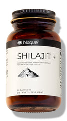 Blisque Shilajit capsules bottle front for daily energy and focus.