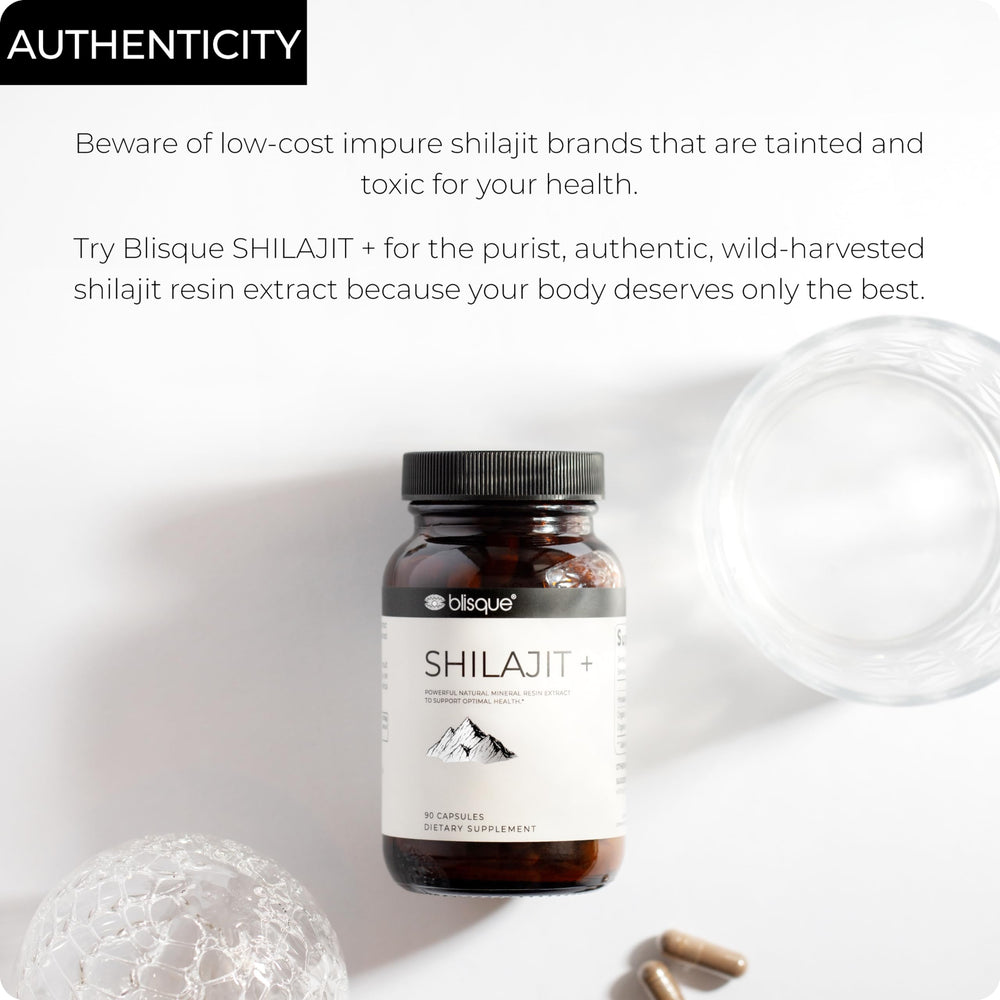 Blisque Shilajit bottle back label uses directions and ingredients.
