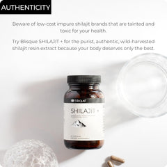 Blisque Shilajit bottle back label uses directions and ingredients.